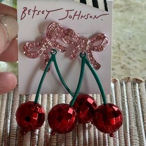 NEW Betsey Johnson Disco Faux Stone Sweetheart Cherry Drop Earrings 🍒